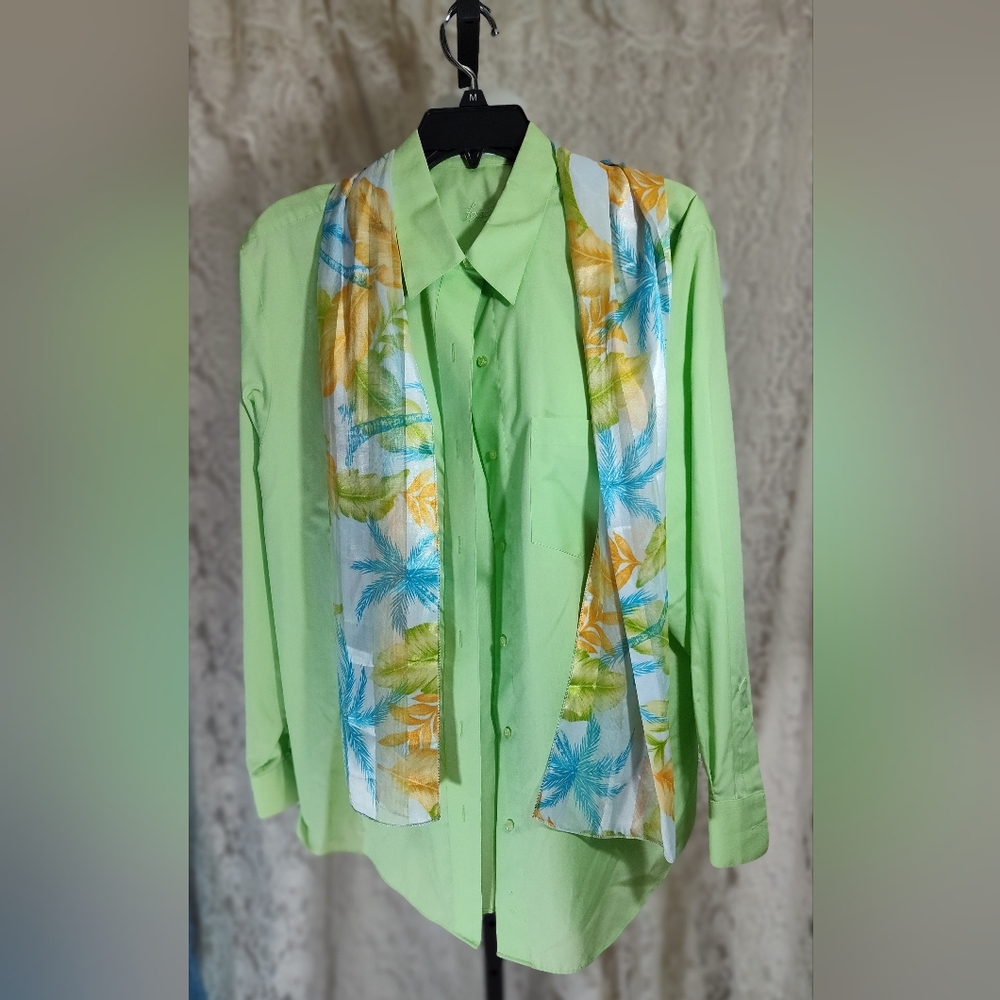 Foxcroft Long Sleeve Minty Green Wrinkle free Button-Up Shirt & Tropical Scarf